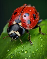 Naklejka premium Dew-Covered Ladybug on Green Leaf