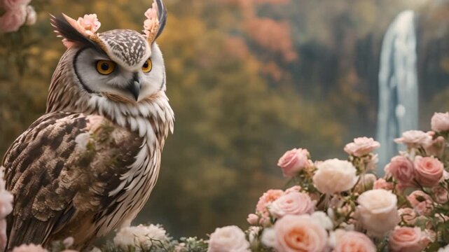 colorful owl surrounded by bright flowers, ,owl, colorful, vibrant, flowers, nature, whimsical, fantasy, cute, wildlife,4k,footage