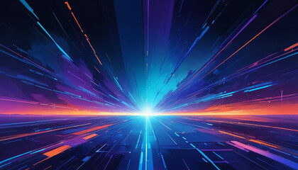 Fototapeta premium A futuristic, abstract landscape with a glowing purple horizon and a grid of lines and shapes in various shades of blue, orange, and purple, creating a sense of depth and movement