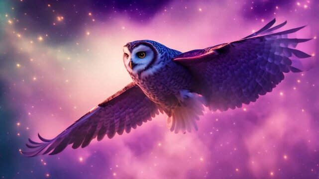 Silhouette of an owl with smoked eyes under the wisdom scene of a starry night.