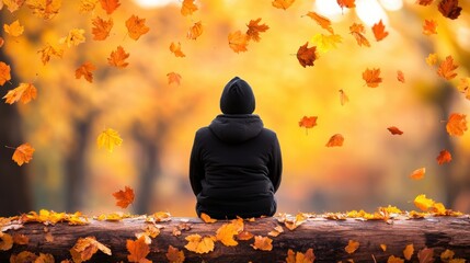 A lone figure sitting on a fallen log, surrounded by vibrant autumn leaves, contemplating the beauty of the changing season.