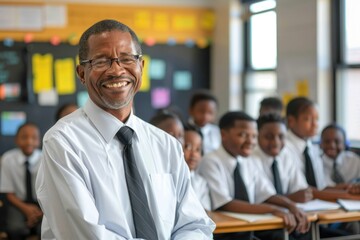 Portrait of a happy senior African American teacher with his excited students in a classroom, capturing the energetic and inclusive spirit of primary education. Back to school concept.