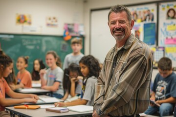 Smiling American male teacher with his joyful and diverse students in a classroom, reflecting the vibrant and inclusive nature of modern education. Back to school concept.