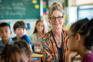 Fototapeta premium Female senior teacher with a bright smile and her pupils in a classroom, reflecting the friendly and engaging atmosphere of the back-to-school concept.