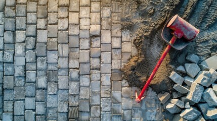 Cobblestone Pavement Under Construction with Red Tool