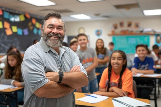 Cheerful senior American teacher with a warm smile surrounded by his enthusiastic pupils in a colorful classroom, showcasing a multicultural and dynamic learning environment. Back to school concept. - Powered by Adobe