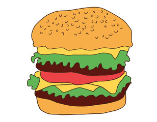 illustration of double meat burger, lettuce and tomato, fast food
