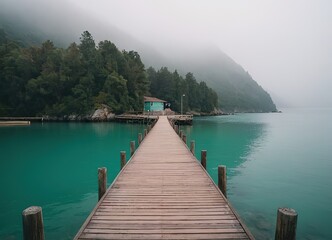 Obraz premium A Beautiful Serene Lake View Featuring a Wooden Pier Set Within a Misty Landscape Scene
