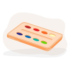 Clip art of hand drawn watercolour paints in box on isolated background. Art education design for back to school print, scrapbooking, textile, home and nursery decor, paper craft. 