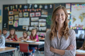 Happy female young scandinavian teacher and her students in a lively classroom setting, showcasing the inclusive and supportive environment of the back-to-school period.