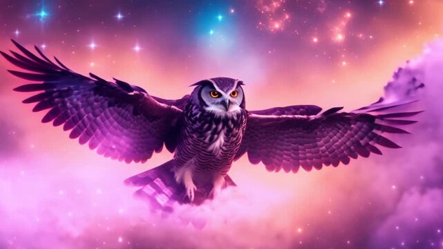 Silhouette of an owl with smoked eyes under the wisdom scene of a starry night.