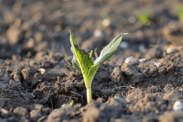 Fototapeta premium New Green Plant Sprouting From Dark Earth in Early Morning Light