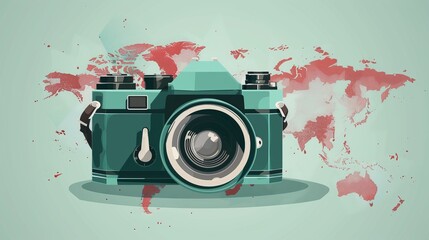 Analog camera overlaid with world map in minimal style