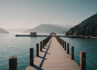 Obraz premium A Beautiful Serene Lake View Featuring a Wooden Pier Set Within a Misty Landscape Scene