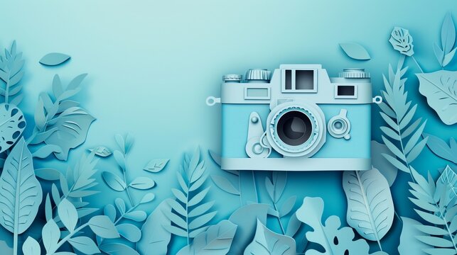 Vintage camera surrounded by paper art foliage.