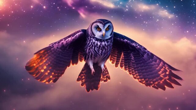 Silhouette of an owl with smoked eyes under the wisdom scene of a starry night.