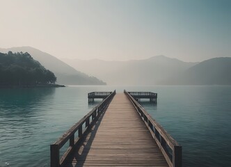 A Beautiful Serene Lake View Featuring a Wooden Pier Set Within a Misty Landscape Scene