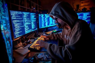 A hacker in a dark room, clandestine nature of cyber theft