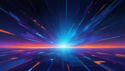 Obraz premium A futuristic, abstract landscape with a glowing purple horizon and a grid of lines and shapes in various shades of blue, orange, and purple, creating a sense of depth and movement 