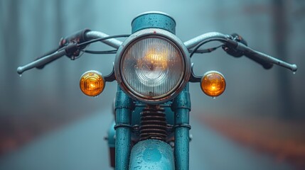 A vintage motorcycle with a blue paint job sits on a wet road in the fog.