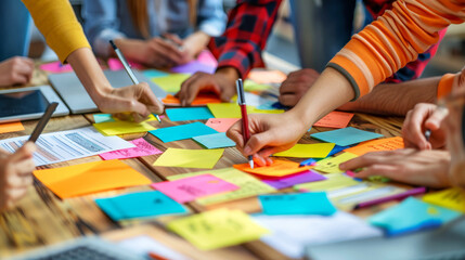 Obraz premium Close-up view of multiple hands collaboratively working with colorful sticky notes in a brainstorming session