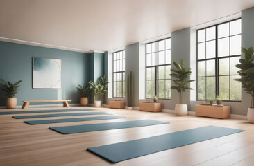 Obraz premium Minimalistic bright interior, modern home decor, yoga studio design for relaxation and serenity