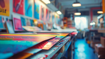 Colorful art studio with creative paintings on a workbench and walls