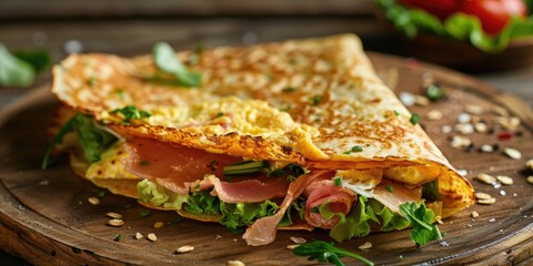 Multigrain Tortilla with Omelette Iceberg Lettuce and Ham Shallow Depth of Field
