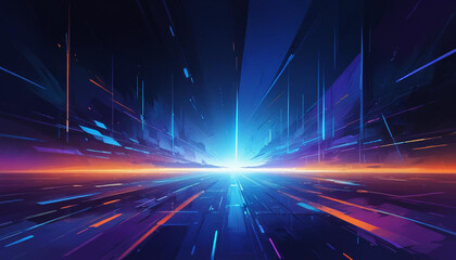  A futuristic, abstract landscape with a glowing purple horizon and a grid of lines and shapes in various shades of blue, orange, and purple, creating a sense of depth and movement 