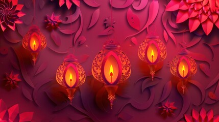 Decorative arrangement with ornate lanterns and floral patterns in a monochromatic red color scheme
