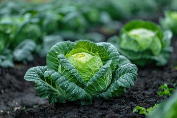 A close-up image of a fresh green cabbage growing in a garden bed.