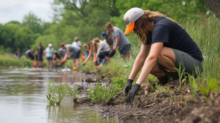 Volunteers work together to plant native vegetation along a riverbank, enhancing the local ecosystem during a sunny summer day.