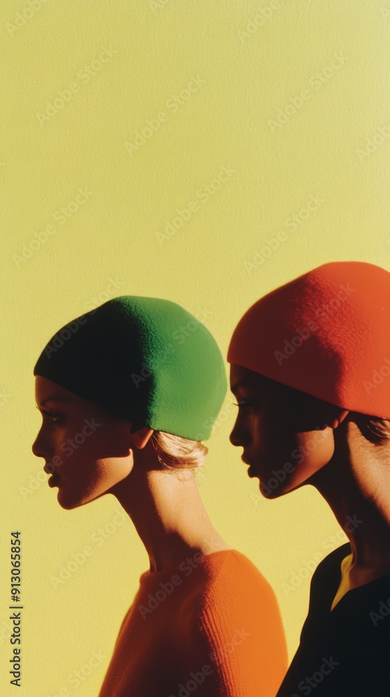 Poster two models elegantly pose in colorful hats against a vivid backdrop
