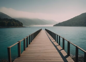 Obraz premium A Beautiful Serene Lake View Featuring a Wooden Pier Set Within a Misty Landscape Scene