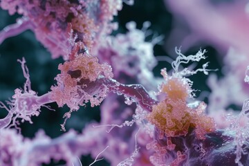 Close-up image of intricate neural structures resembling delicate coral. Pink and purple tendrils intertwine, mimicking the complex network of neurons and synapses in the brain.