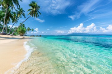 Obraz premium A beautiful beach with palm trees and a clear blue ocean. The sky is mostly clear with a few clouds scattered around. Scene is peaceful and relaxing, perfect for a day at the beach