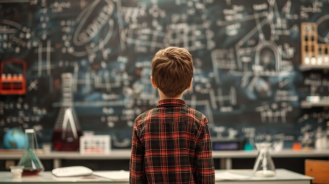 Child observing a science-focused blackboard closely