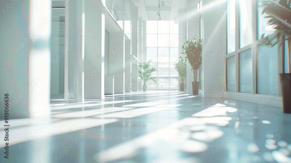 Poster bright hallway with large windows and sunlight. modern hallway with large windows showcasing sunligh