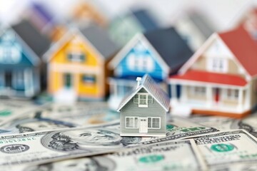 A small house is on top of a pile of money. The house is surrounded by other houses, and the money is spread out in front of it. Concept of wealth and prosperity, as the houses