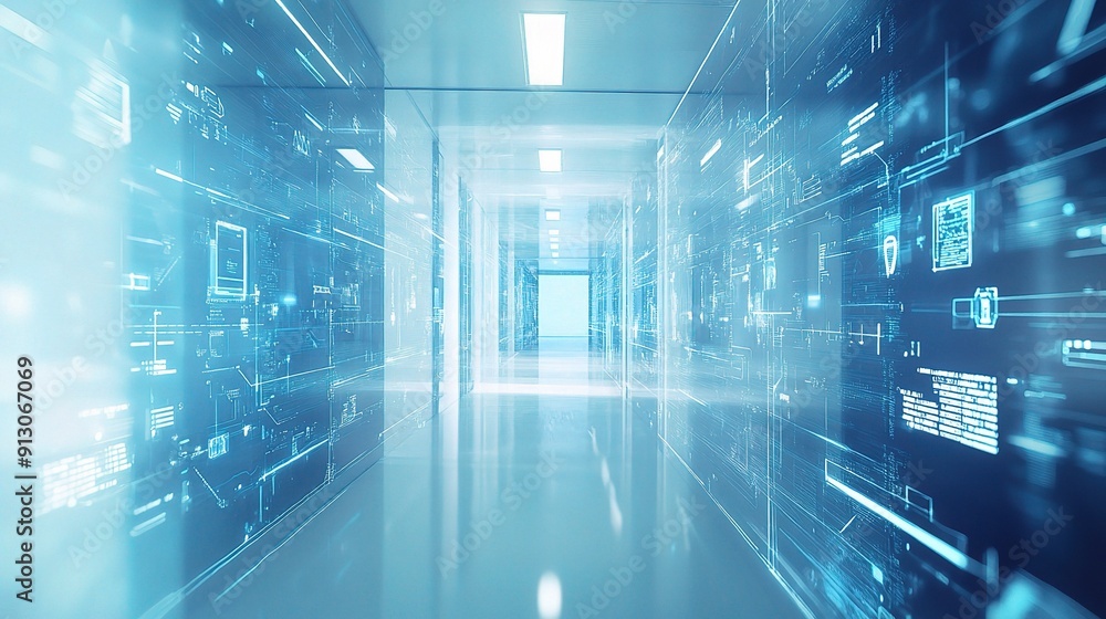 Poster digital data highway: a sleek, modern hallway pulses with digital information, creating a futuristic