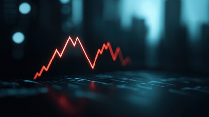 Fototapeta premium A close-up view of an upward trending stock market graph with a vibrant red line against a blurred cityscape background.