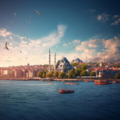 Fototapeta premium Istanbul’s Morning Light: A Peaceful Scene of Mosques, Seagulls, and Boats on the Bosphorus