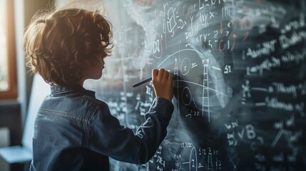 Child writing mathematical symbols on a blackboard