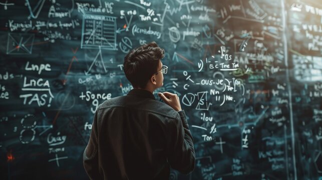Person contemplating complex mathematics on chalkboard