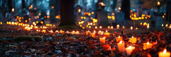 Honoring departed loved ones by lighting candles in the graveyard on All Souls Day
