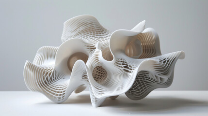 Intricate white 3D-printed sculpture with flowing, organic shapes. Complex lattice structure creates a mesmerizing abstract form. Futuristic design showcases advanced manufacturing techniques.