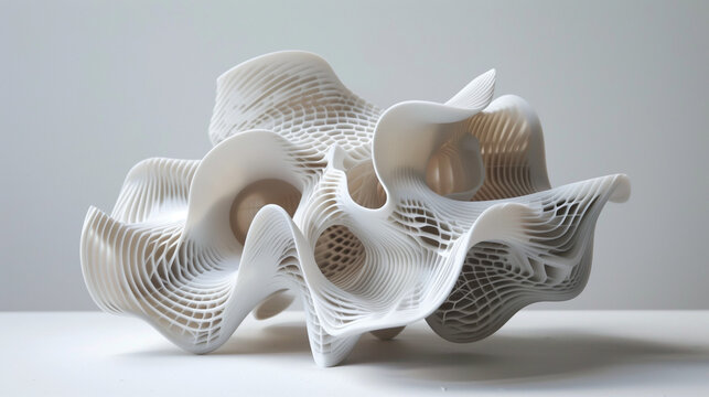 Intricate white 3D-printed sculpture with flowing, organic shapes. Complex lattice structure creates a mesmerizing abstract form. Futuristic design showcases advanced manufacturing techniques.