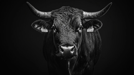 Naklejka premium Intense Bull Portrait in Black and White. Generative AI