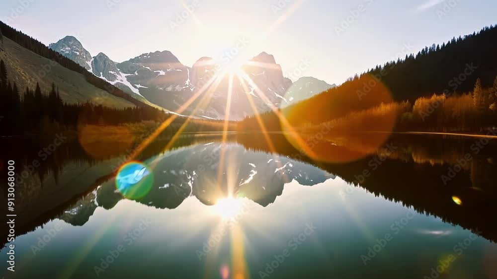 Poster the serene stillness of a mountain lake is broken only by the soft ling of lens flares cascading ove