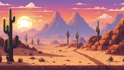 Game assets background RPG Gaming Battle Scene Desert sunset in Pixel 8bits 16bits 32 bits